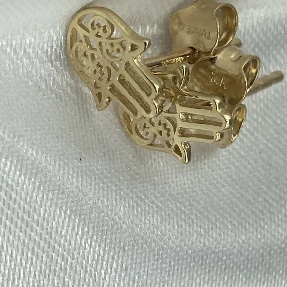 14k Yellow Gold Hand of Hamsa Earrings - Picture 2 of 4